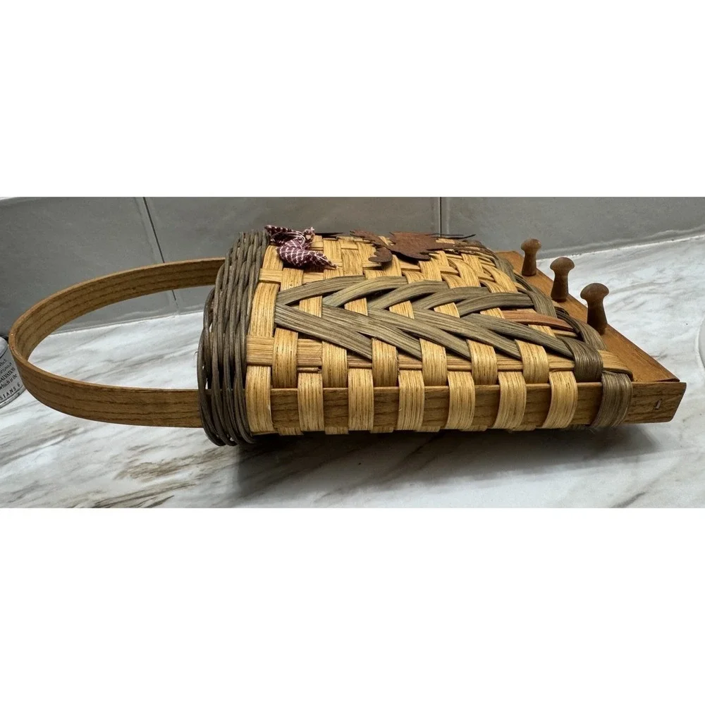 Woven Basket Wall Pocket Mail Holder With Key Hooks Cottagecore Grandmacore